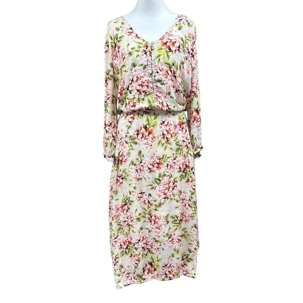 J. Jill Pebble Hydrangea Floral Print V Neck Midi Dress Sz L Handkerchief Hem